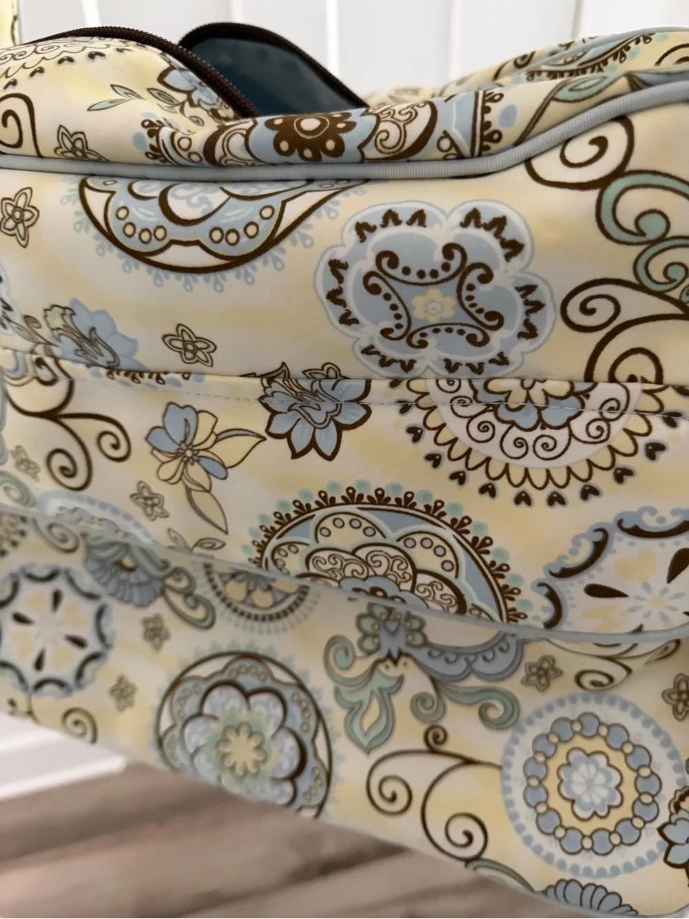 Cream Paisley Baby Crossbody Diaper Bag with Pale Blue Accents